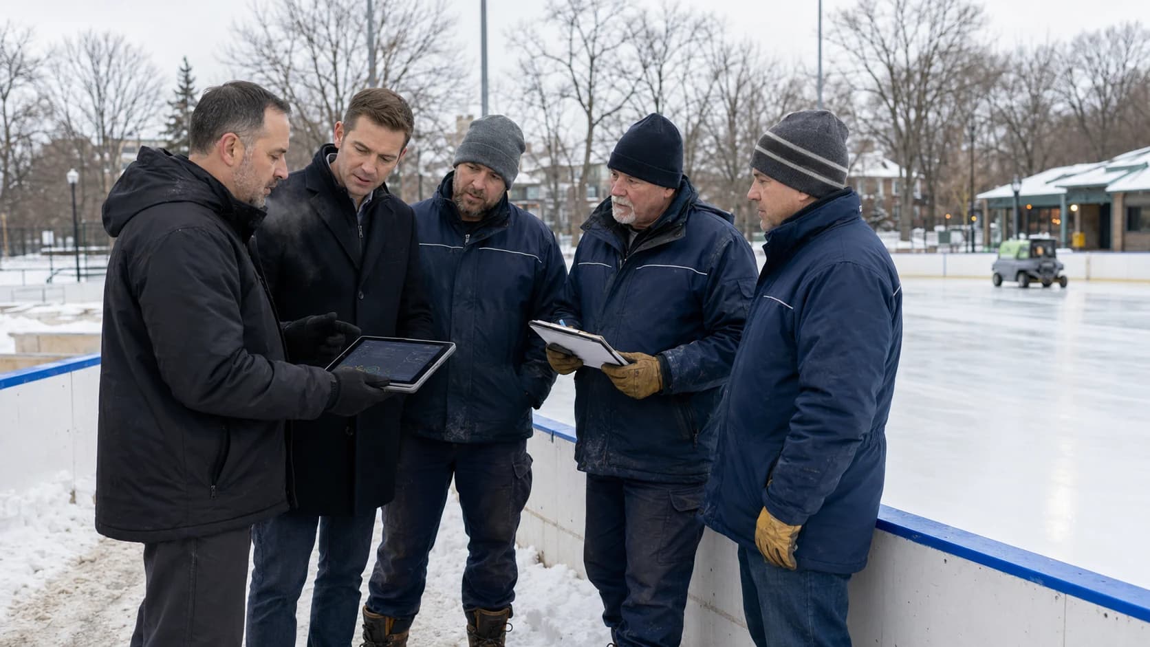 Outdoor ice advisors reviewing rink conditions and operating plans with a rink team