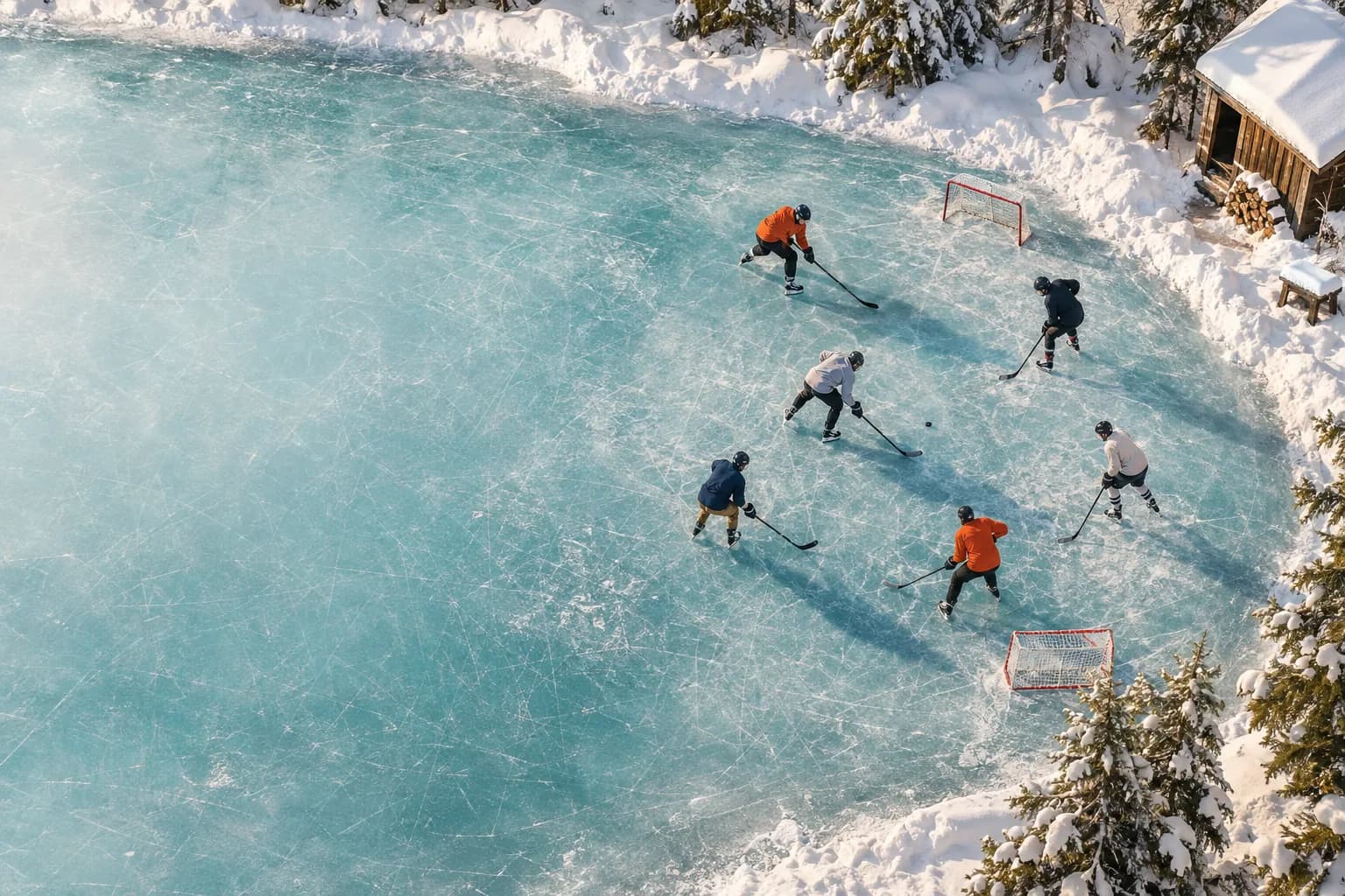 Illustrative aerial view of friends playing pond hockey on outdoor ice