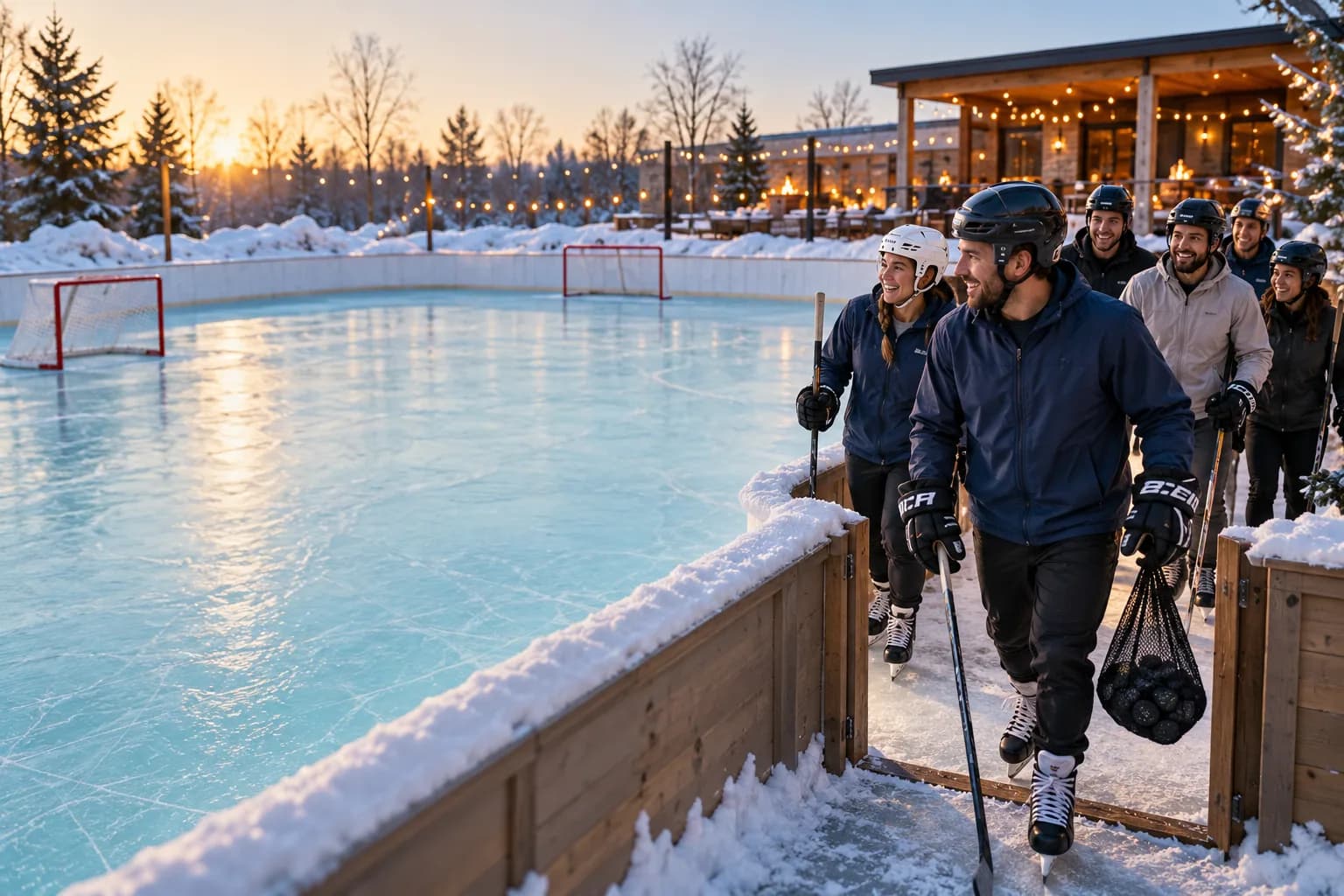 Illustrative group arriving for an outdoor hockey event